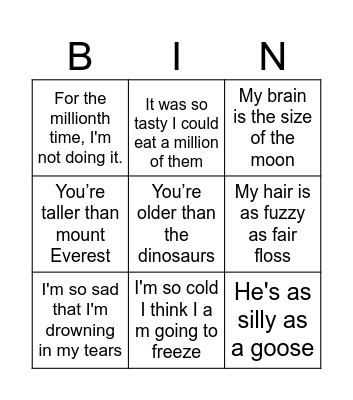 Hyperbole Bingo Card