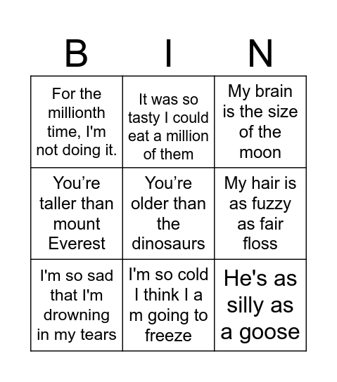 Hyperbole Bingo Card