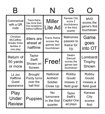 Super Bowl 2024 Bingo Card