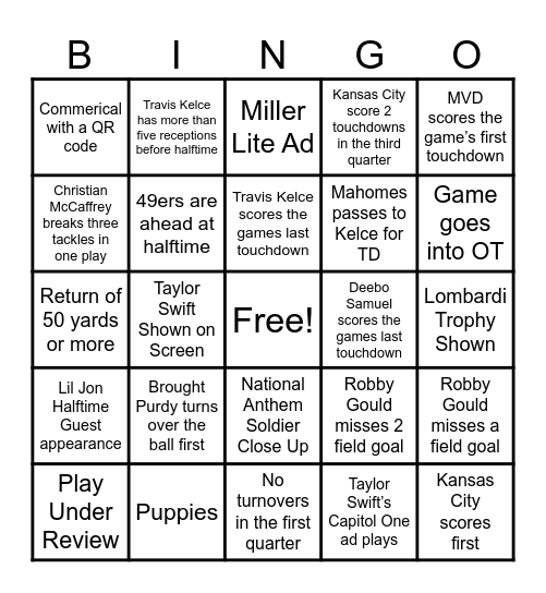 Super Bowl 2024 Bingo Card