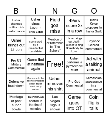 Superbowl 2024 Bingo Card