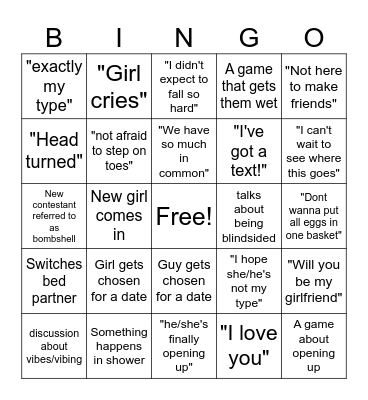 Love Island Bingo Card