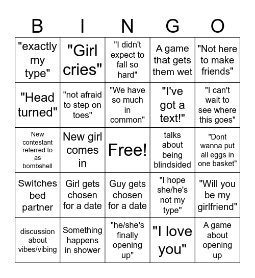 Love Island Bingo Card