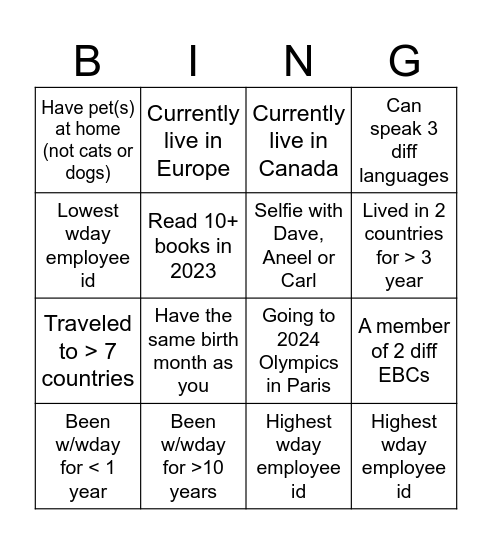 Workmate Bingo Card