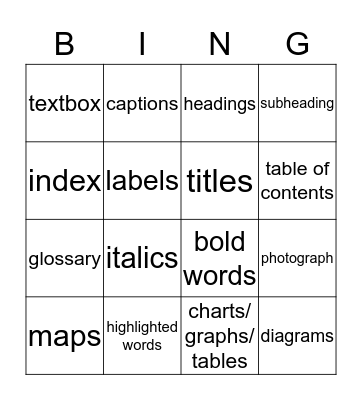 Text Features Bingo Card