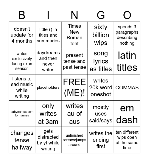 writing habits Bingo Card