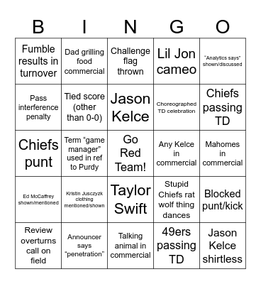 Super Bowl LVIII (Taylor's Version) Bingo Card