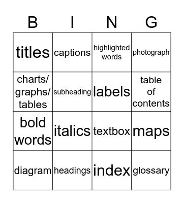 Text Features Bingo Card