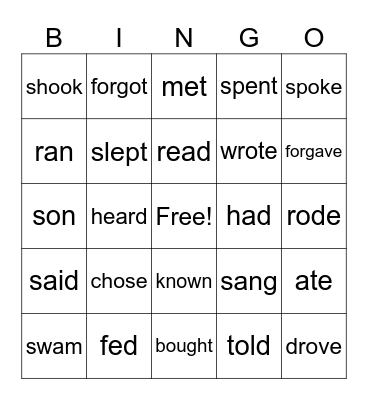 Irregular Verbs Bingo Card