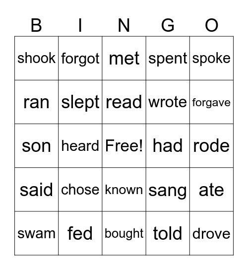 Irregular Verbs Bingo Card