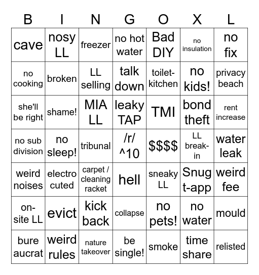 shitrentals bingo - XL 1.0 Bingo Card
