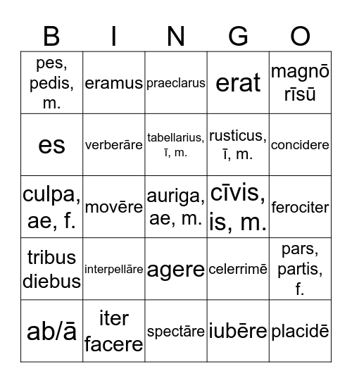 Latin I: Ch. 13 - 14 Review Bingo Card