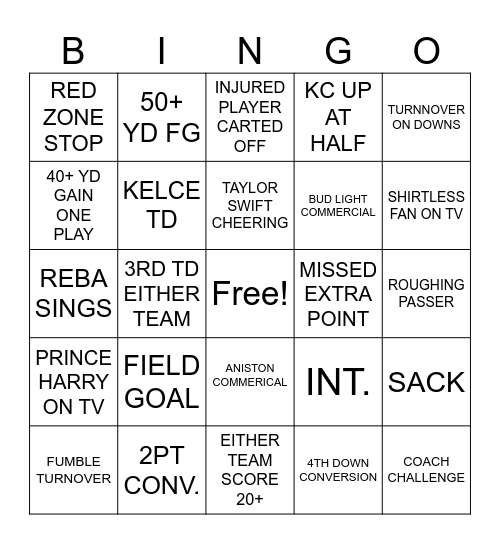 SUPERBOWL Bingo Card