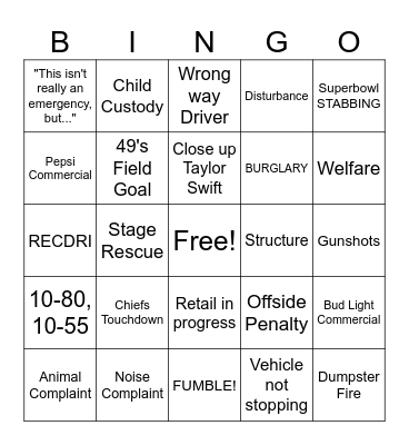 Dispatch Bingo - Superbowl Edition Bingo Card