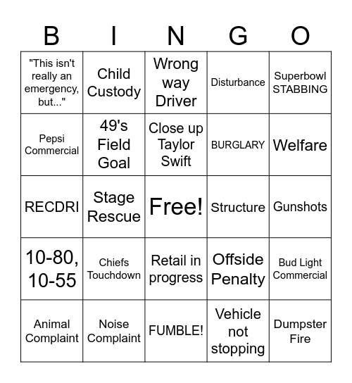 Dispatch Bingo - Superbowl Edition Bingo Card