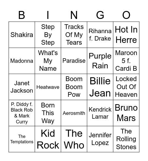 Super Bowl Hits (1990-Present) Bingo Card
