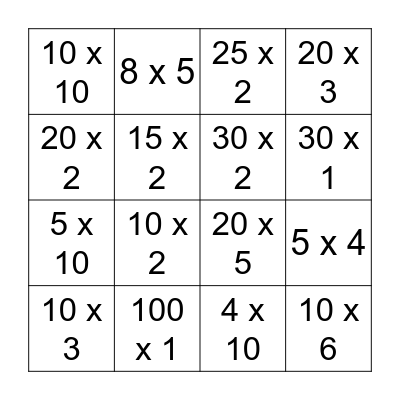 Multiplication Bingo Card