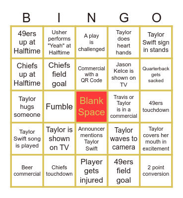 Taylor Swift SB Bingo Card