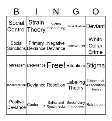 Deviance and Social Control  Bingo Card