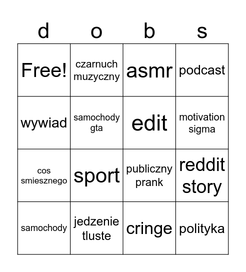 dobs bingo Card