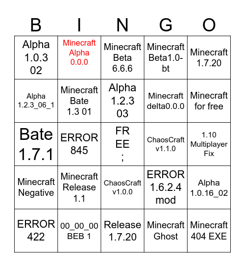 Minecraft Spooky version Bingo Card