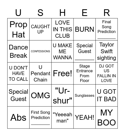 Usher Raymond IV Super Bowl Half Time Show Bingo Card