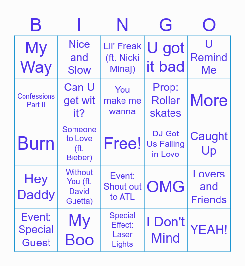 Usher Halftime Show Bingo Card