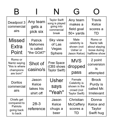Super Bowl Bingo Card