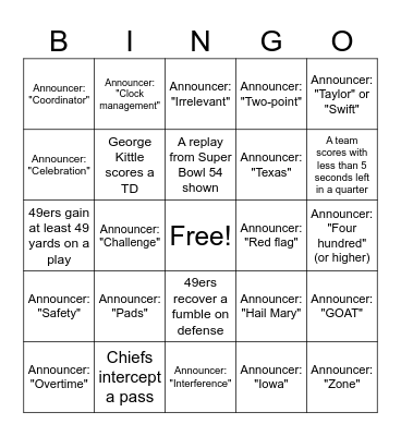 Superbowl LVIII (58) Football Bingo Card