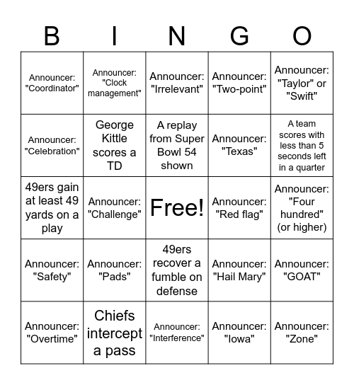 Superbowl LVIII (58) Football Bingo Card