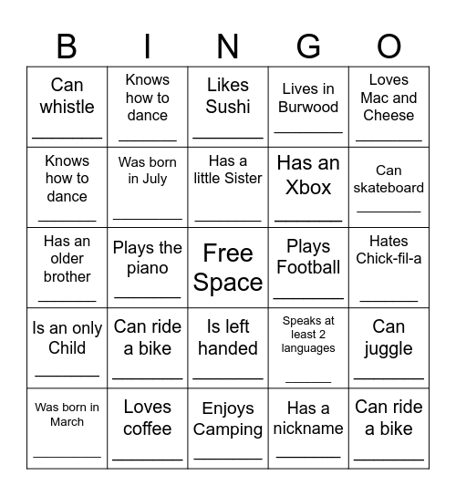 YOUTH HUMAN BINGO Card