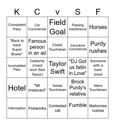 Super Bowl Bingo Card