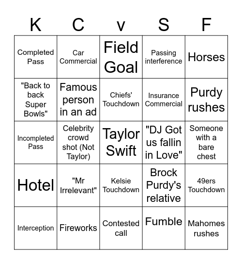 Super Bowl Bingo Card