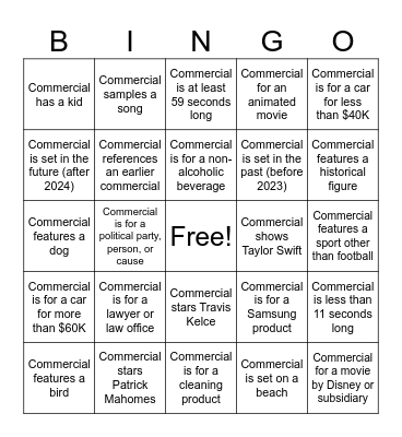Super Bowl LVIII (58) Commercial Bingo Card
