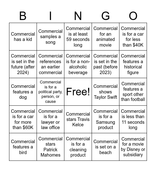 Super Bowl LVIII (58) Commercial Bingo Card