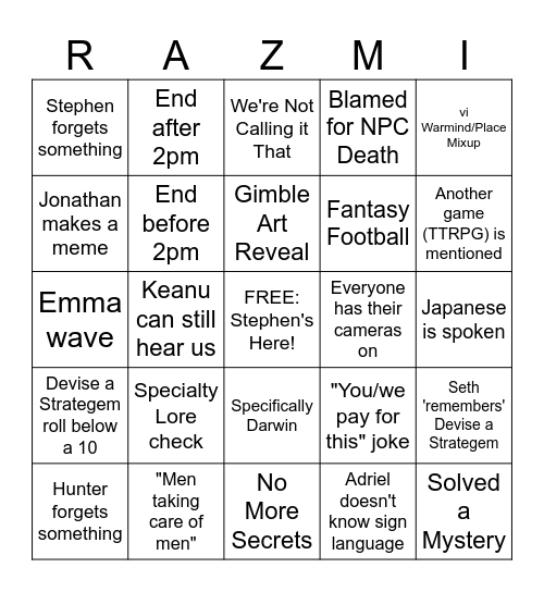 Fateless Razmi Bingo Card
