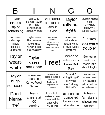 Superbowl LVIII (58) Taylor Swift Bingo Card