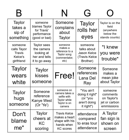 Superbowl LVIII (58) Taylor Swift Bingo Card