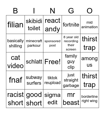 Shorts Bingo Card