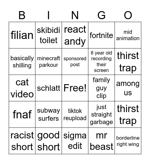 Shorts Bingo Card