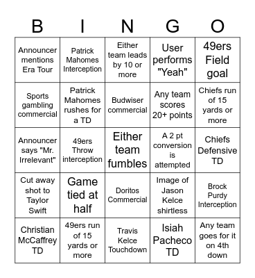 Superbowl Bingo Card