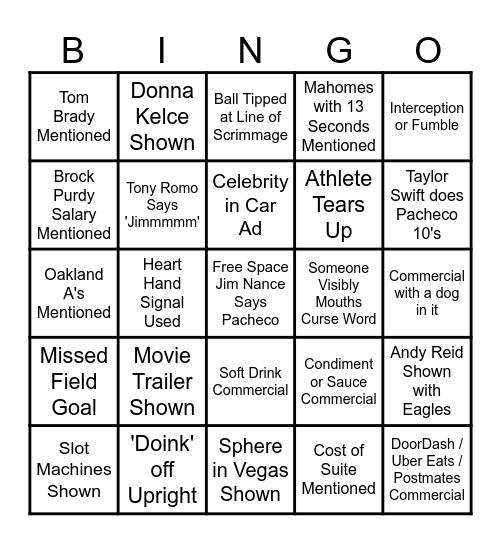 Super Bowl LVIII (2024) Bingo Card Bingo Card