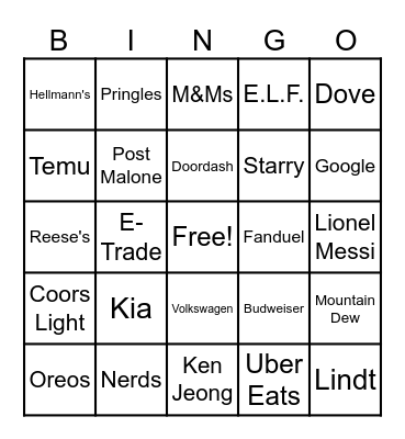 Super Bowl Commercial Bingo 2024 Bingo Card