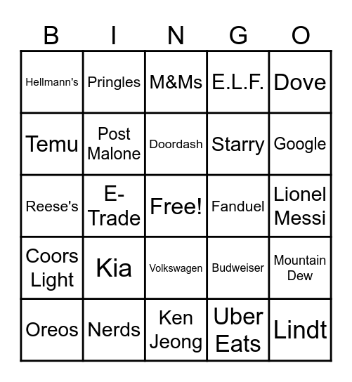 Super Bowl Commercial Bingo 2024 Bingo Card