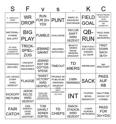 Bingo Super Bowl Bingo Card