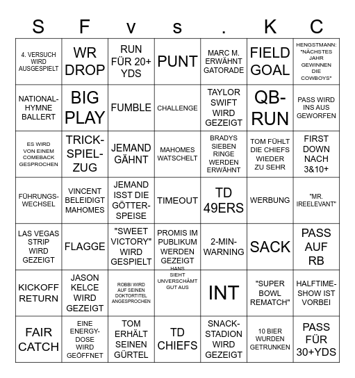 Bingo Super Bowl Bingo Card