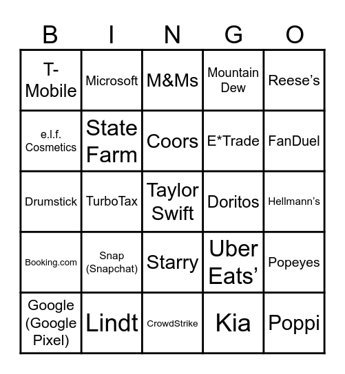 Super Bowl 2024 Commercials Bingo Card