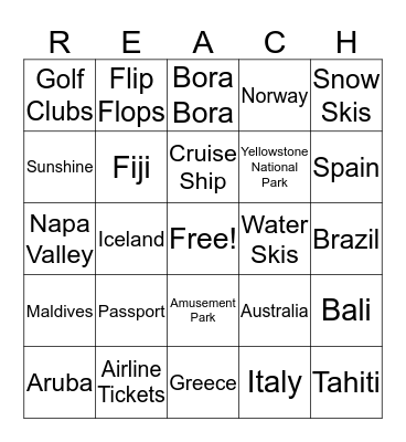 My Dream Vacation ..... I Bingo Card