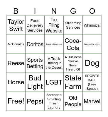 Super Bowl Commercial Bingo Card