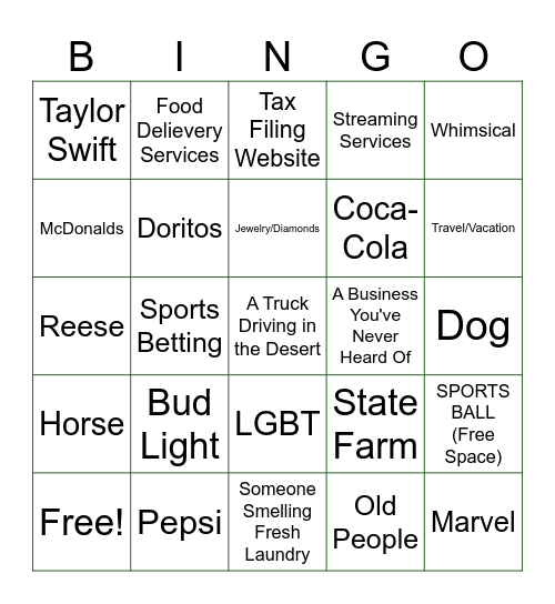 Super Bowl Commercial Bingo Card